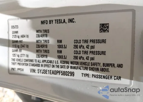 2023 Tesla Model 3 Rear-Wheel Drive from USA, damaged, VIN 5YJ3E1EA0PF580299